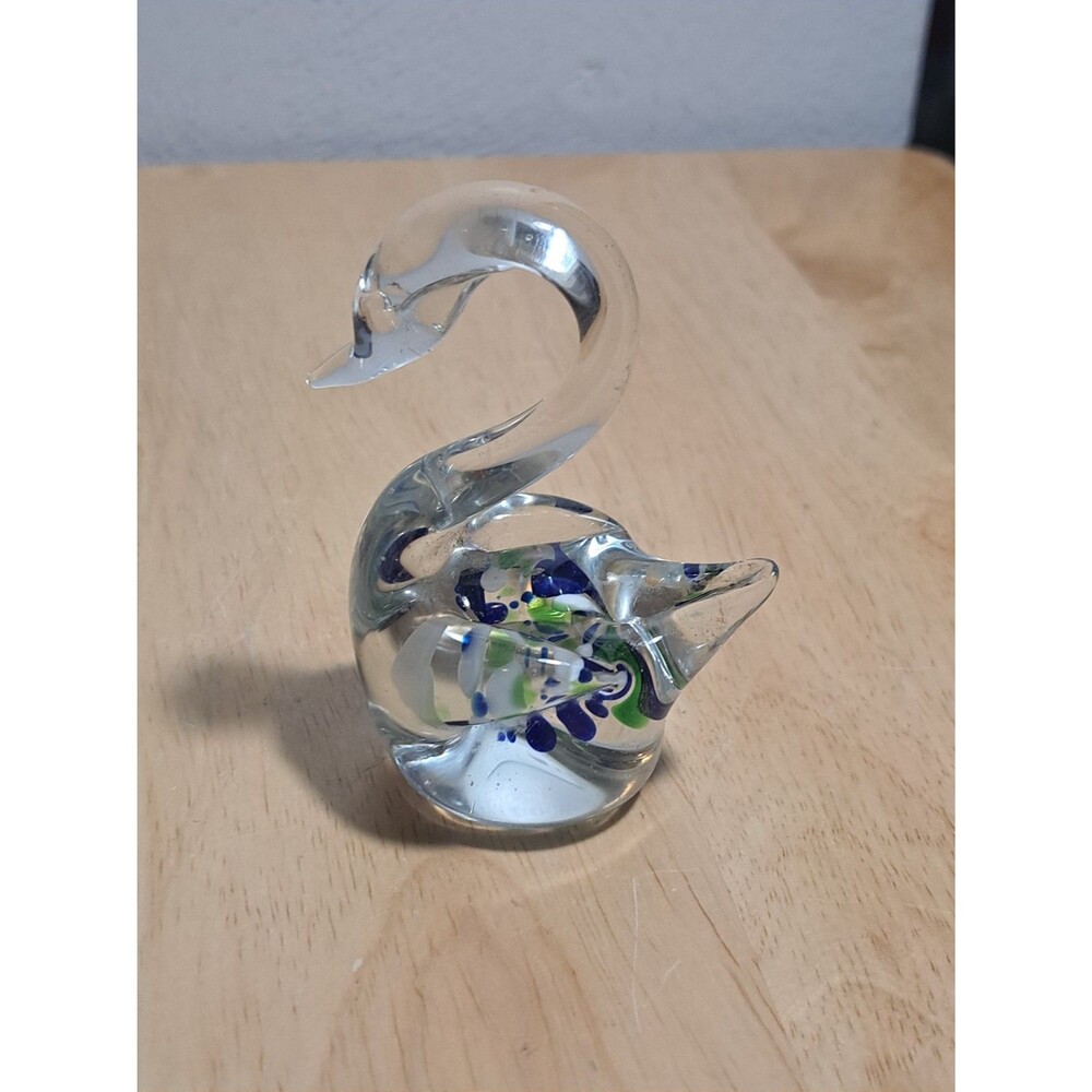 Vintage Swan Figurine Art Glass Multicolor Swirls 4" Tall